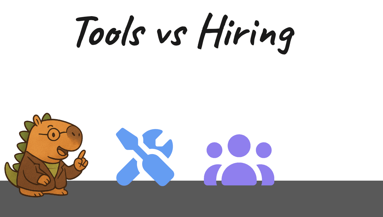 Professor Capysaurus weighing tools against hiring options